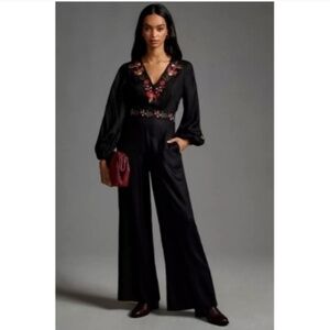 Anthropologie Farm Rio Embroidered Jumpsuit Black Floral Wide Leg Size XS
